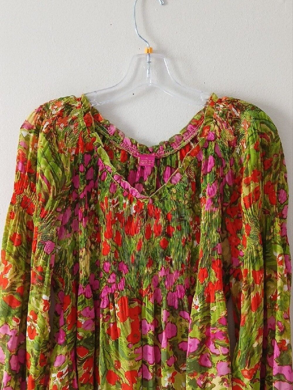 Sunny Leigh Bright Floral Smocked Peasant Blouse in Green, Pink & Red - Picture 2 of 5